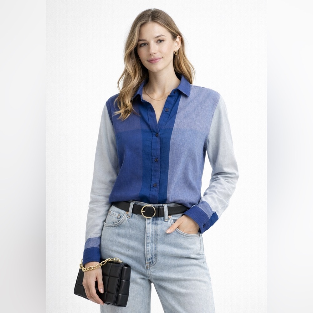 Rails Revolve Patchwork Two-Tone Blue Button-Down… - image 1